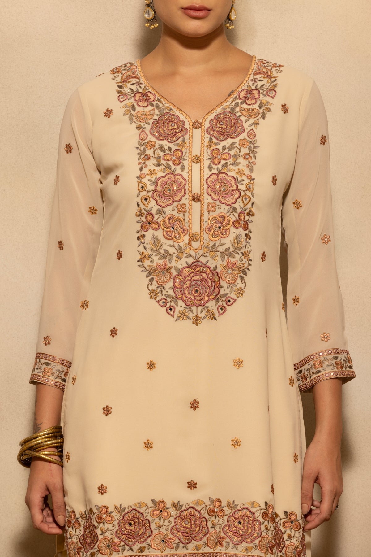 Fawn Floral Embroidered Kurta 3 Pcs Set