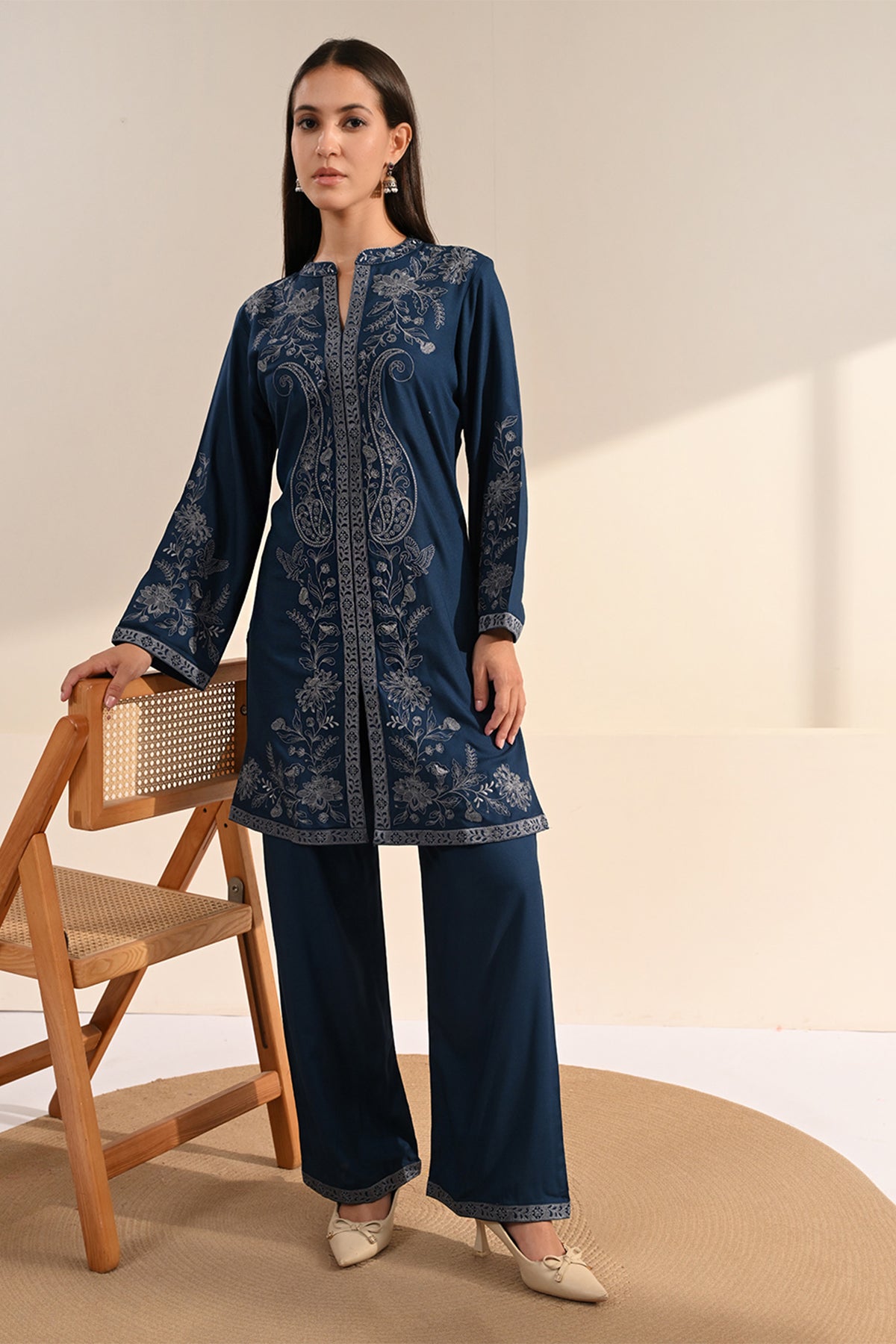 Blue Floral Thread Embroidered Co-Ord Set