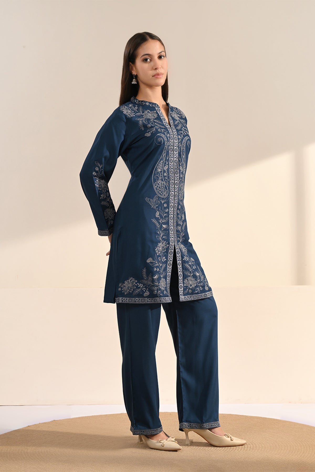 Blue Floral Thread Embroidered Co-Ord Set