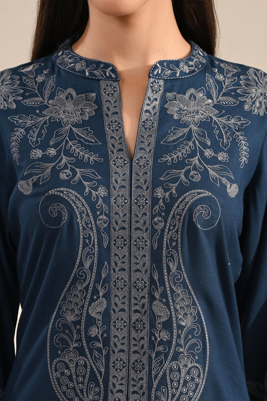 Blue Floral Thread Embroidered Co-Ord Set