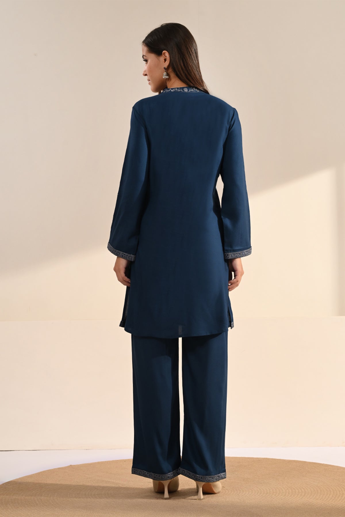 Blue Floral Thread Embroidered Co-Ord Set