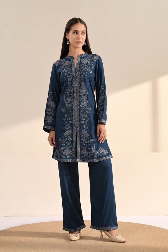 Blue Floral Thread Embroidered Co-Ord Set