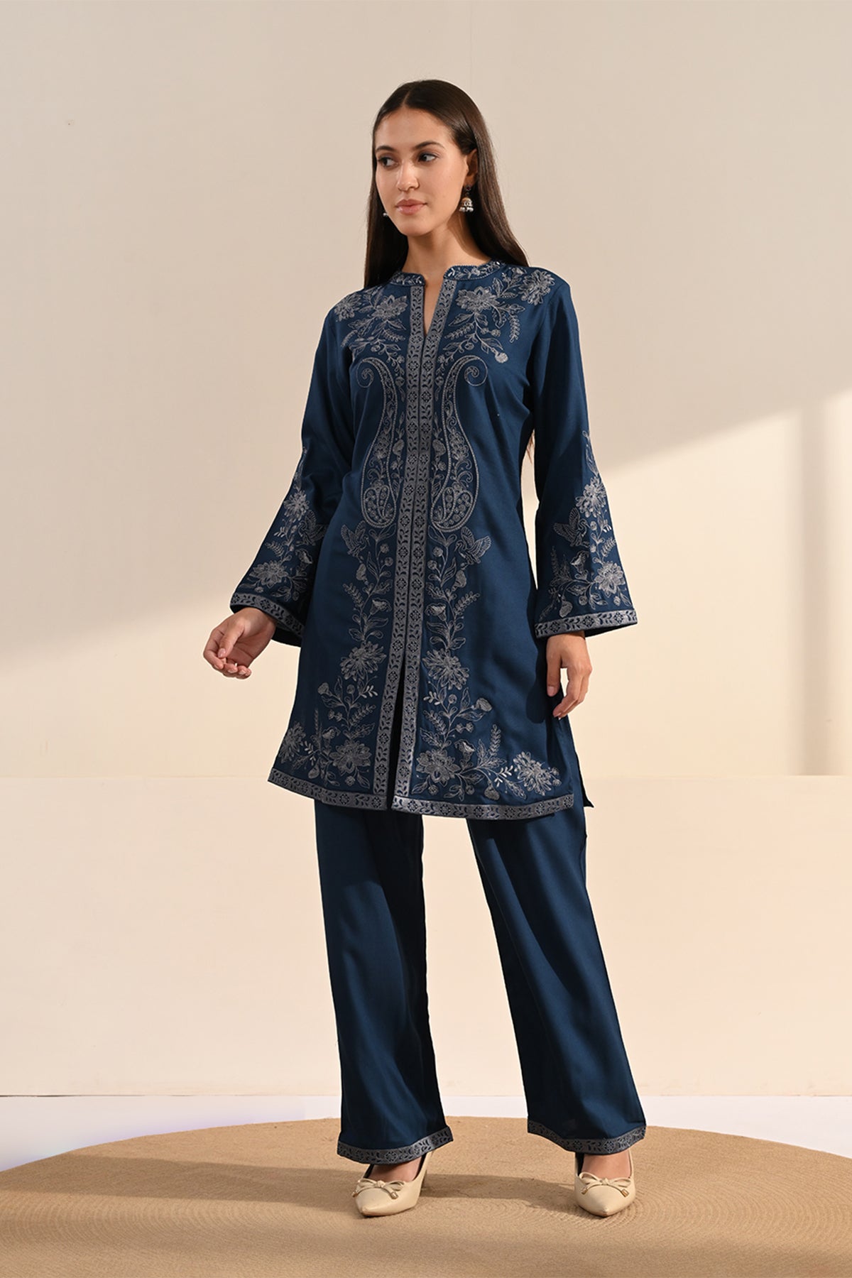 Blue Floral Thread Embroidered Co-Ord Set