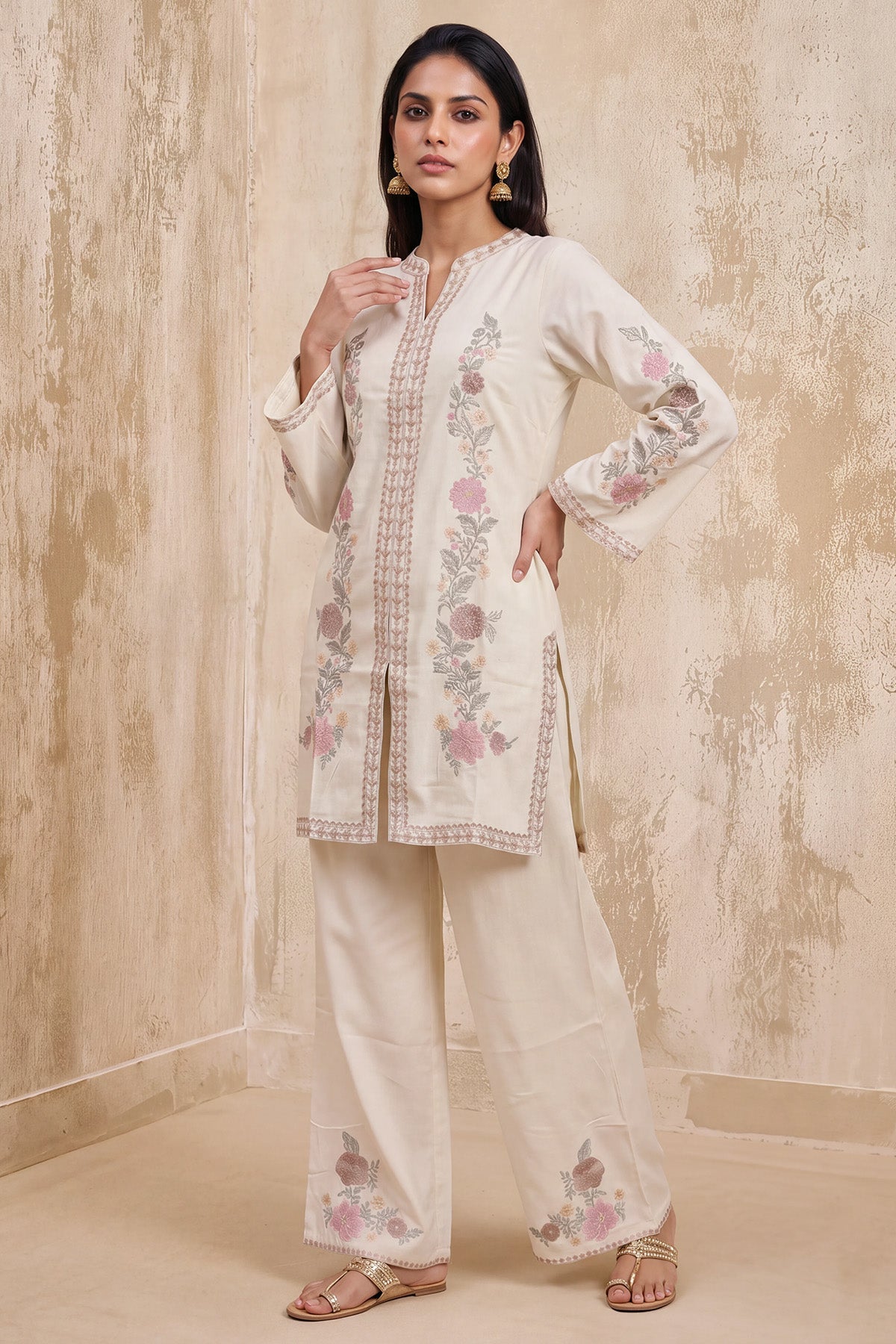 Cream Floral Embroidered Co-Ord Set