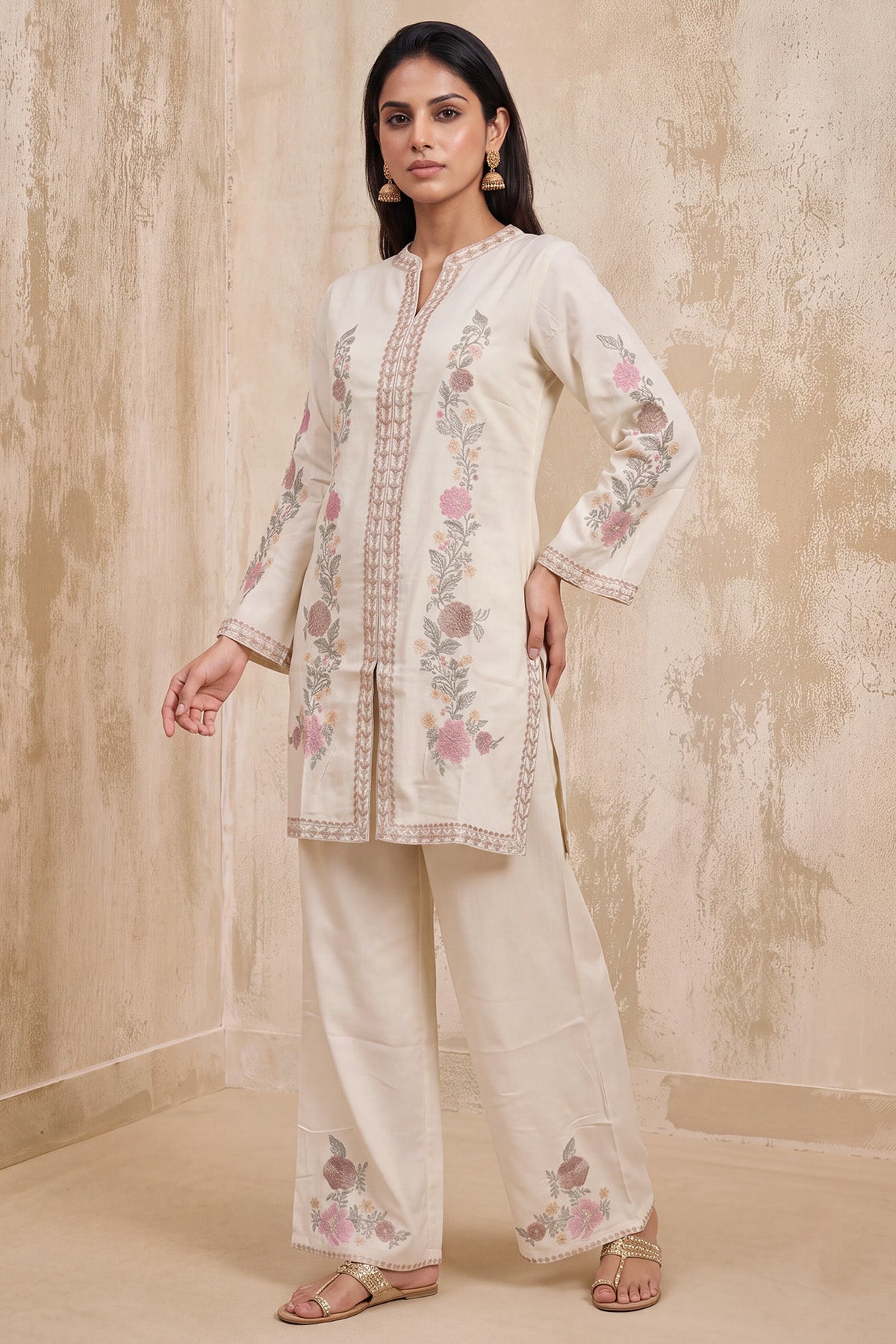 Cream Floral Embroidered Co-Ord Set