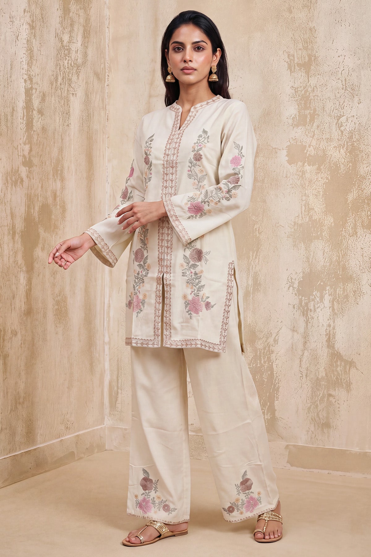 Cream Floral Embroidered Co-Ord Set