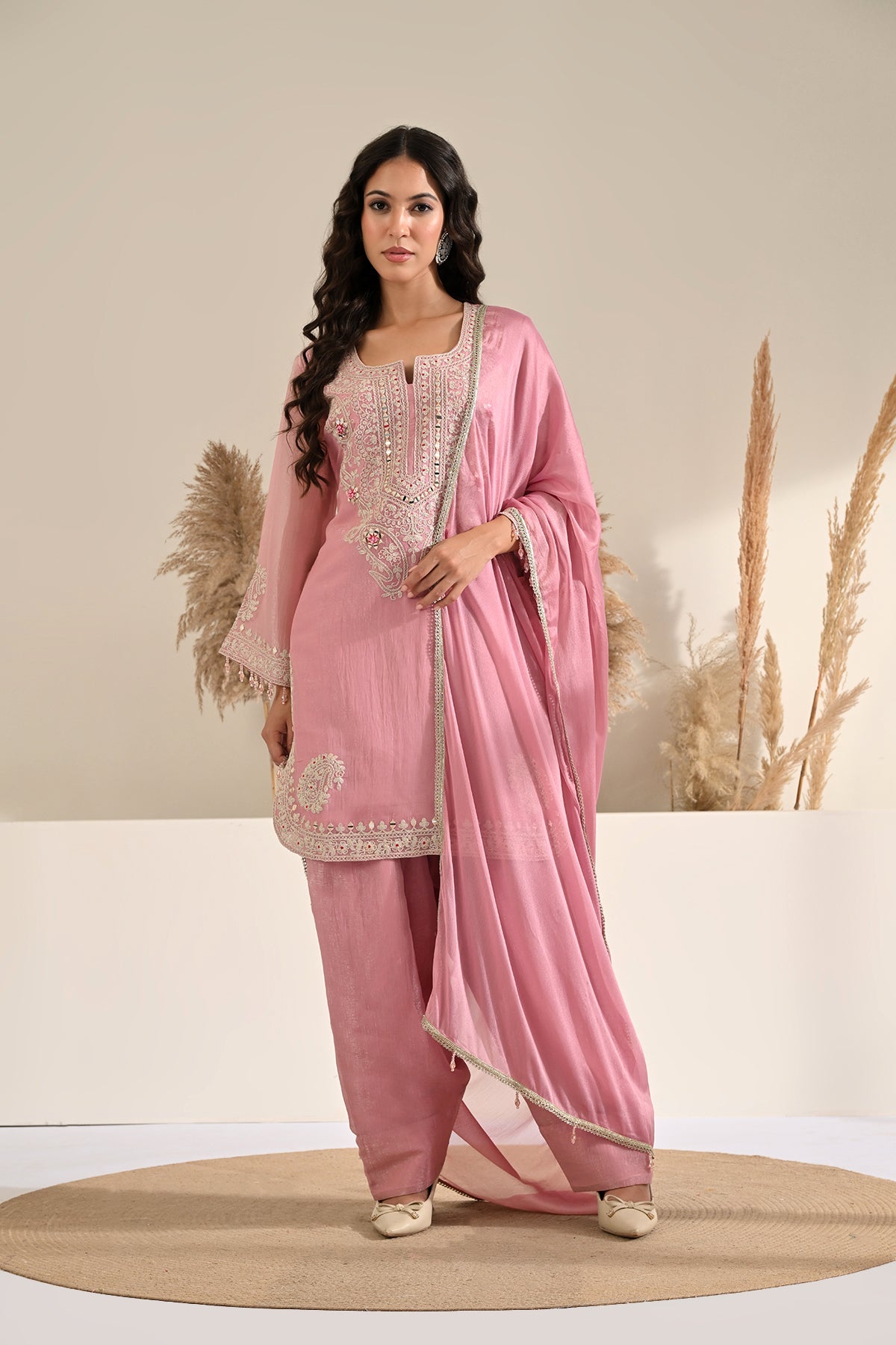 Soft Pink Embellished 3 Pcs Kurta Set