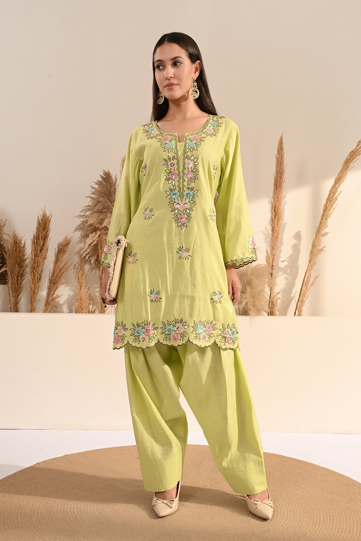 Green Floral Embroidered Co-Ord Set