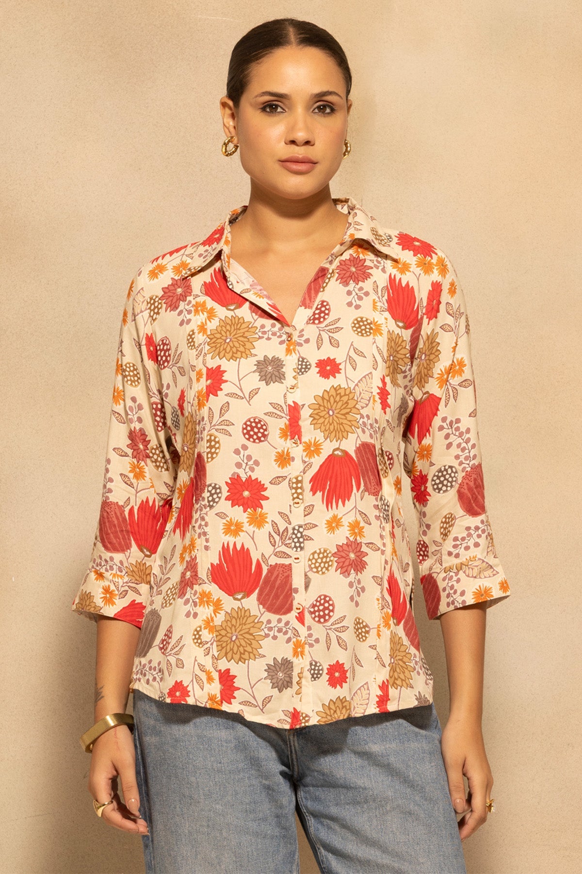 Cream Floral Botanical Printed Top