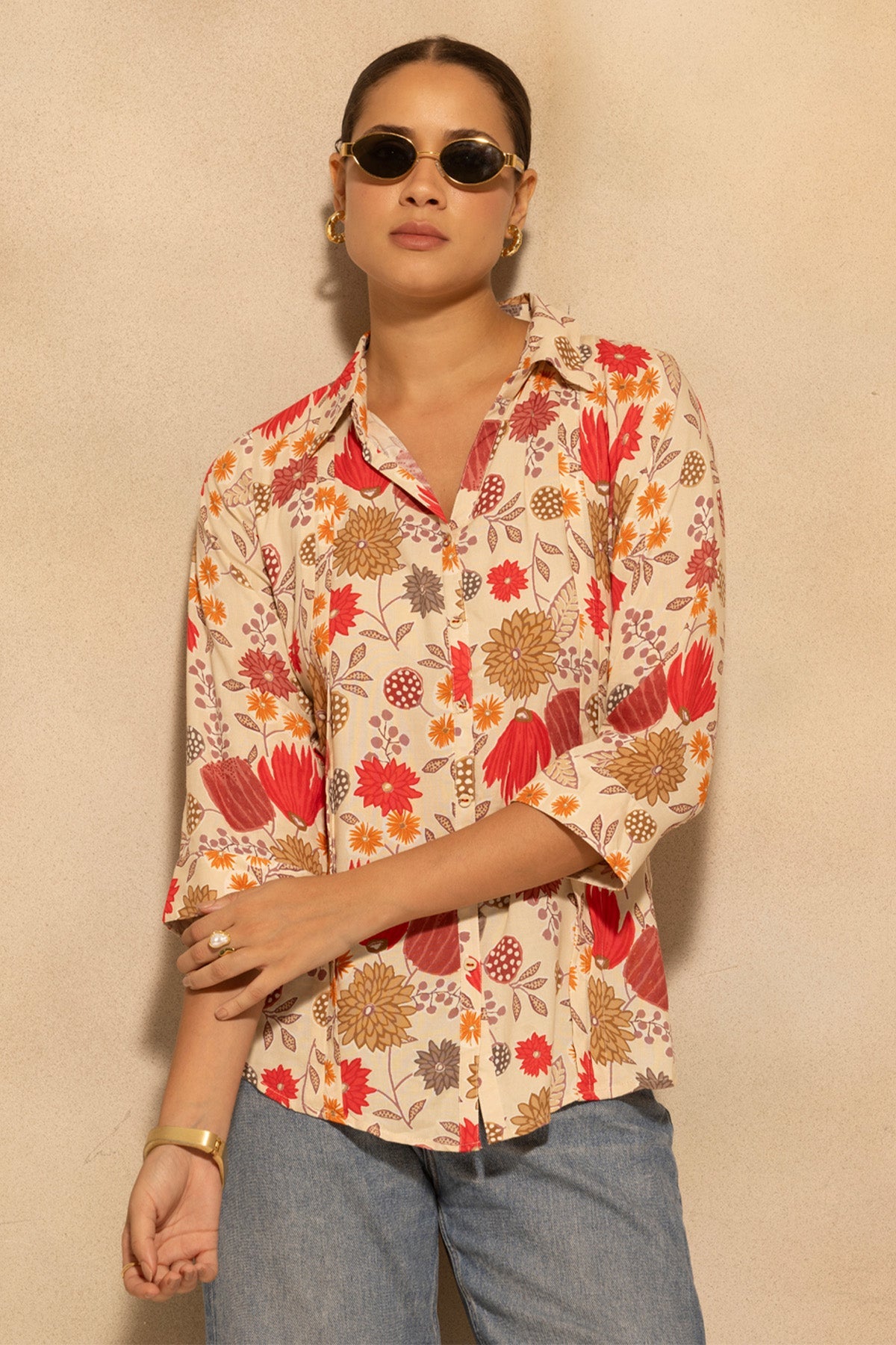 Cream Floral Botanical Printed Top