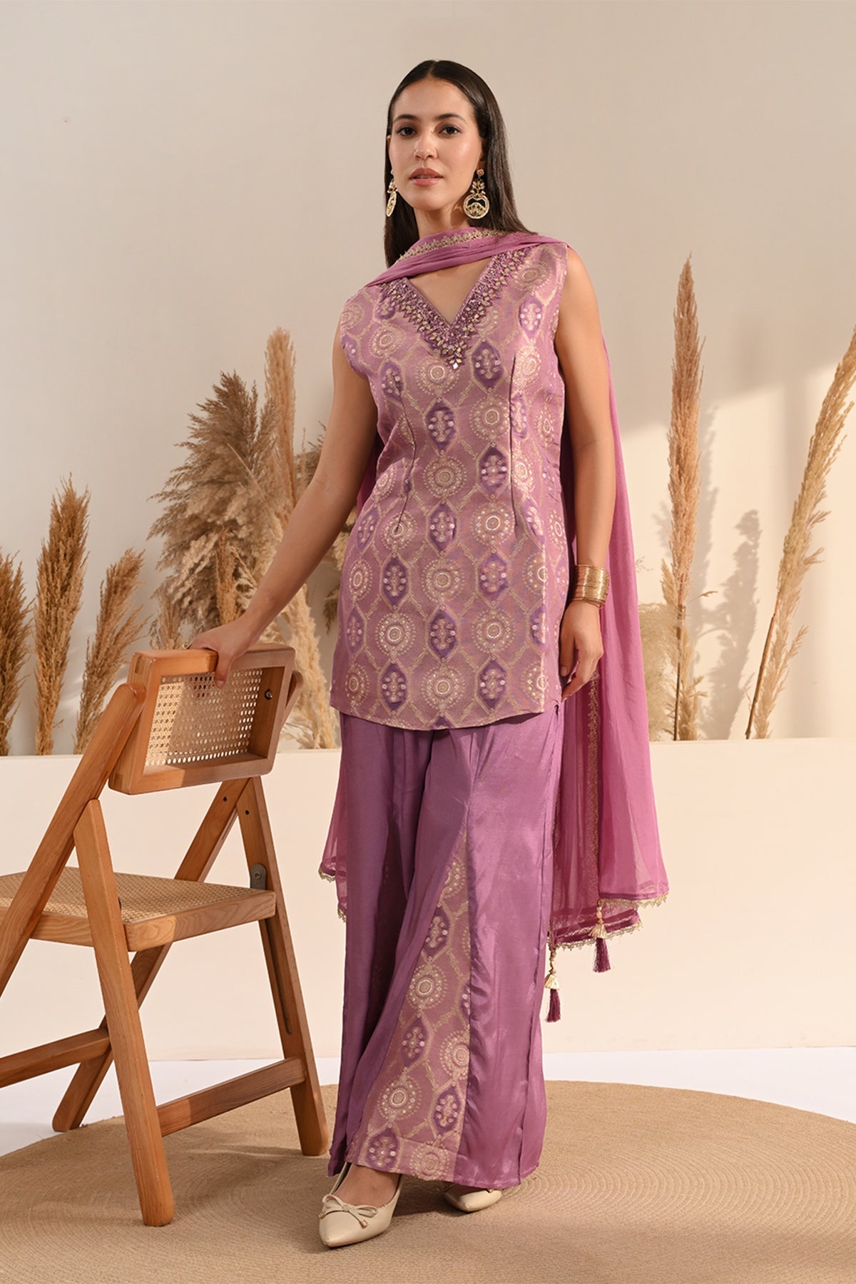 Purple Mirror Embellished 3 Pcs Kurta Set