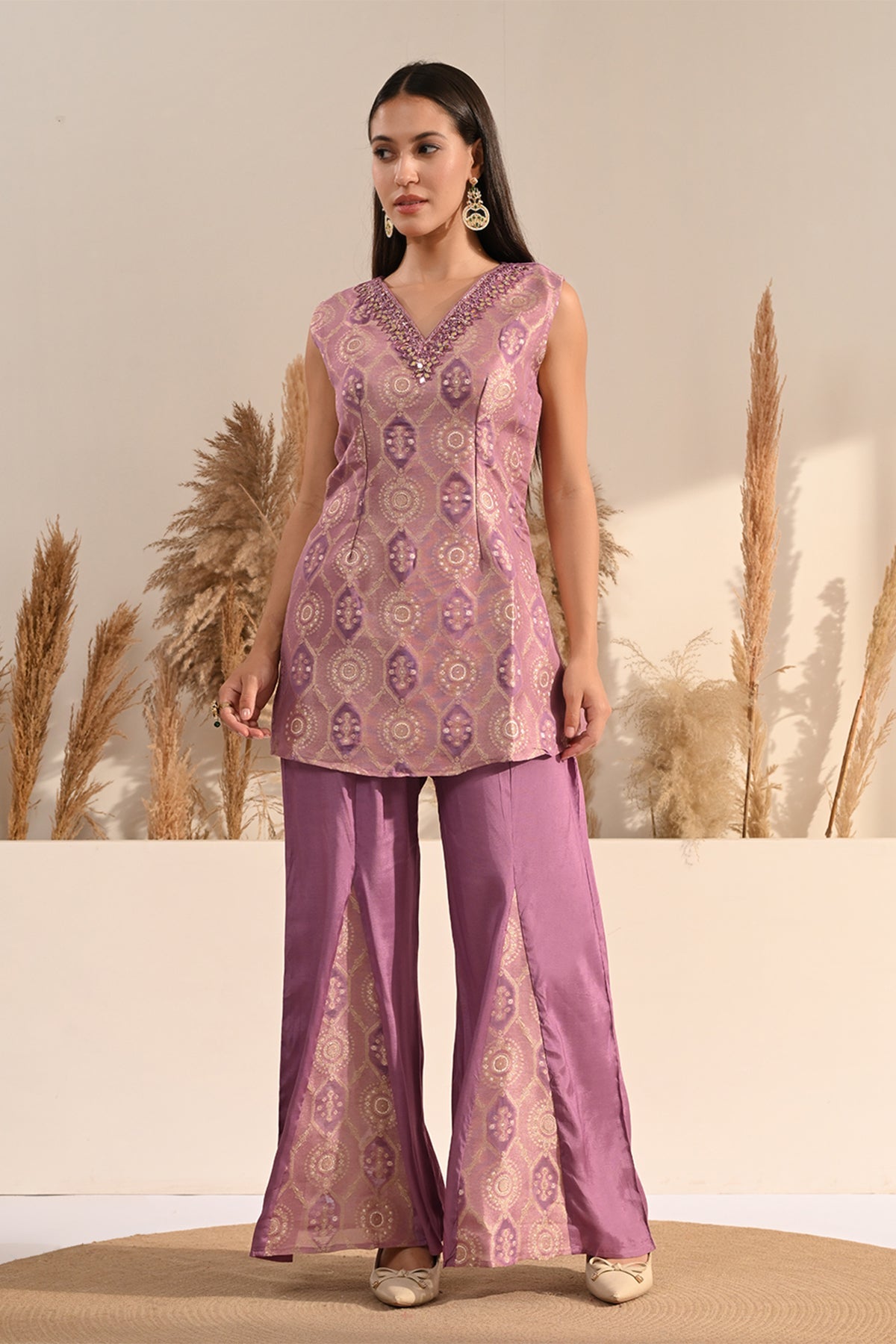 Purple Mirror Embellished 3 Pcs Kurta Set