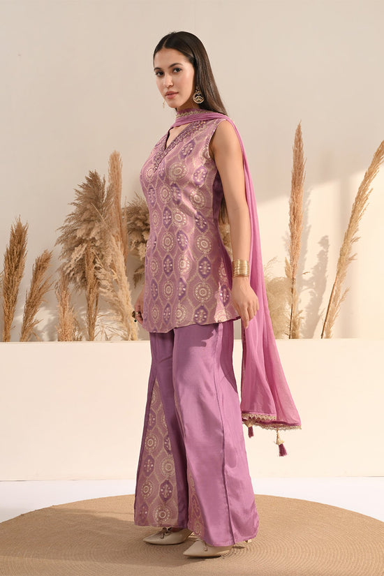 Purple Mirror Embellished 3 Pcs Kurta Set