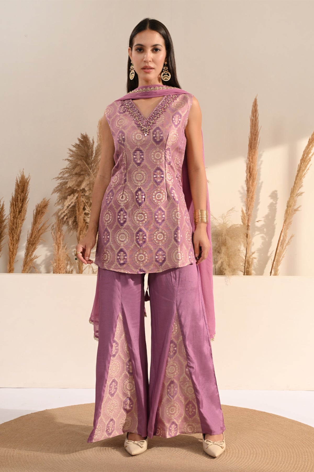 Purple Mirror Embellished 3 Pcs Kurta Set
