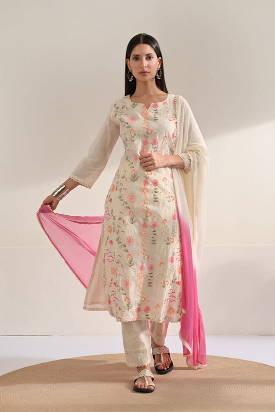 Cream Floral Embroidered 3 Pcs Kurta Set