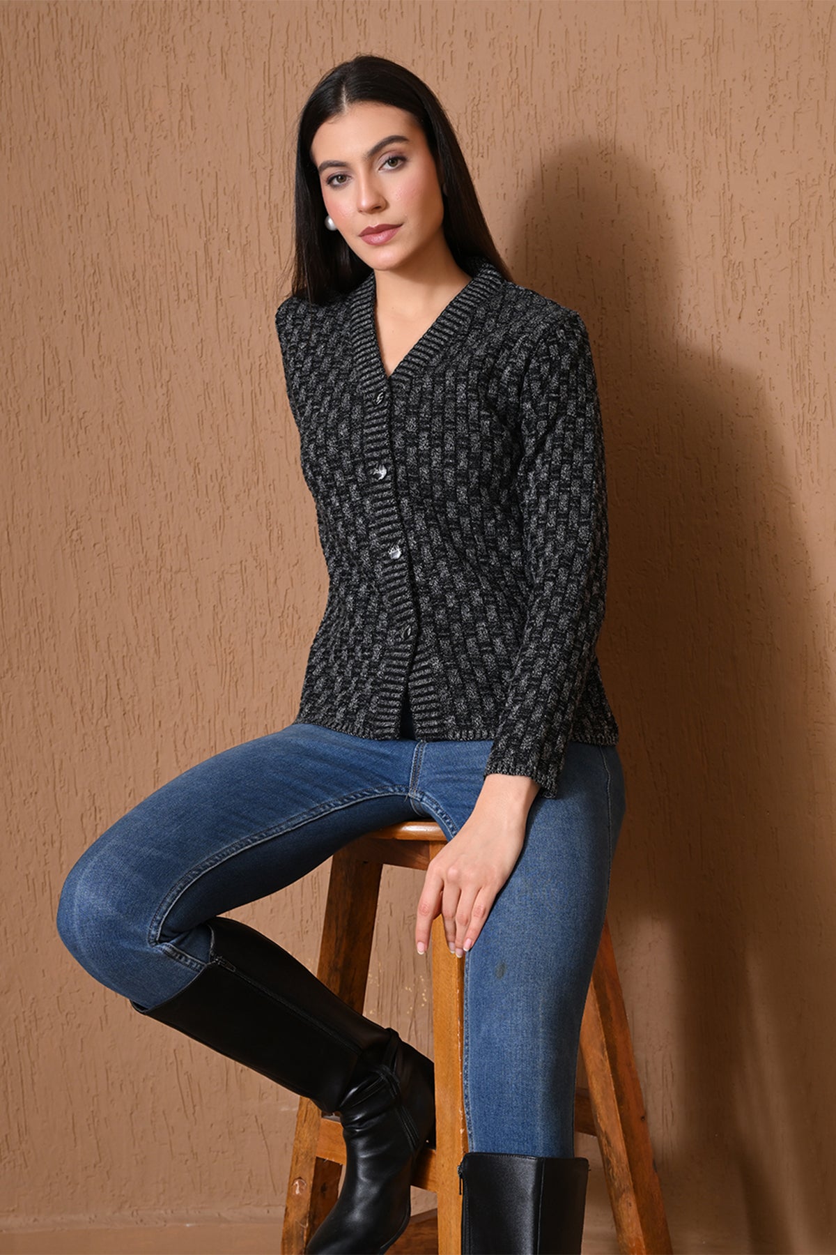 Winter Midnight Black Basketweave Cardigan