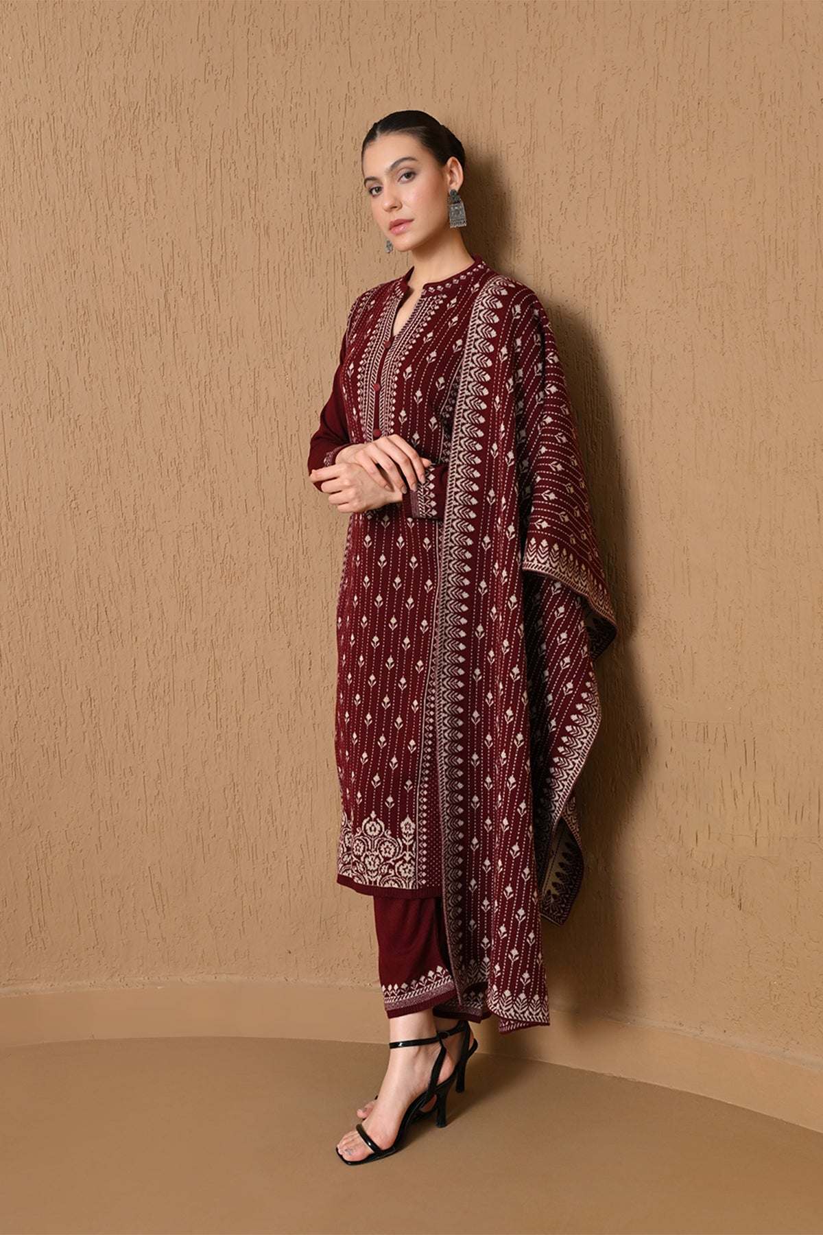 Winter Maroon Jacquard Knitted Kurta 3 Pcs Set