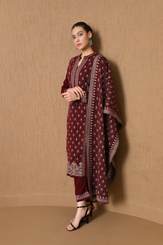 Winter Maroon Jacquard Knitted Kurta 3 Pcs Set