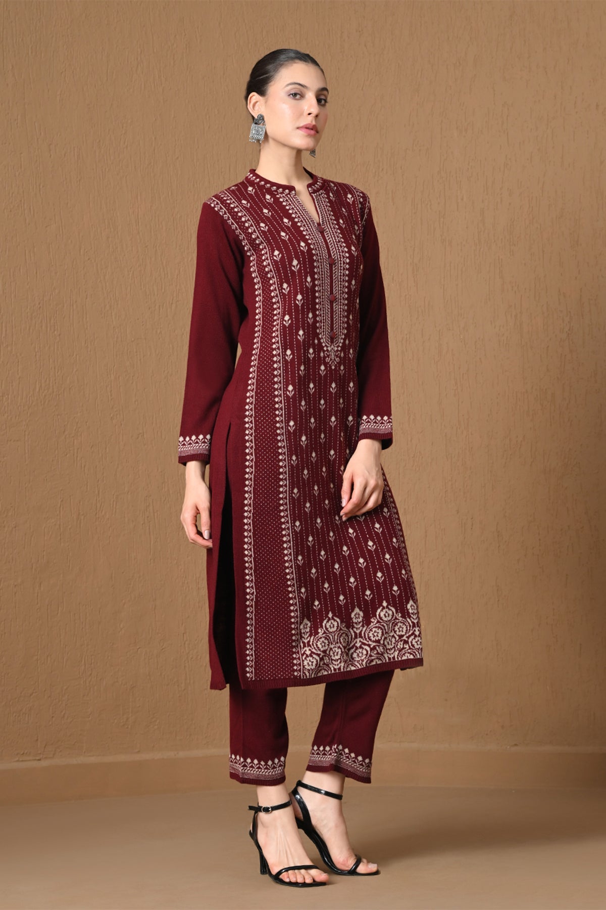Winter Maroon Jacquard Knitted Kurta 3 Pcs Set