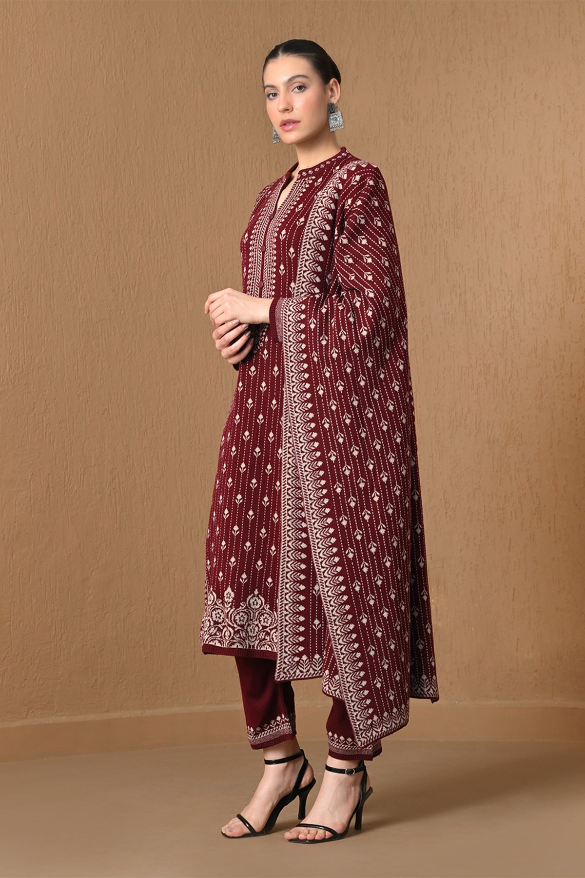 Winter Maroon Jacquard Knitted Kurta 3 Pcs Set