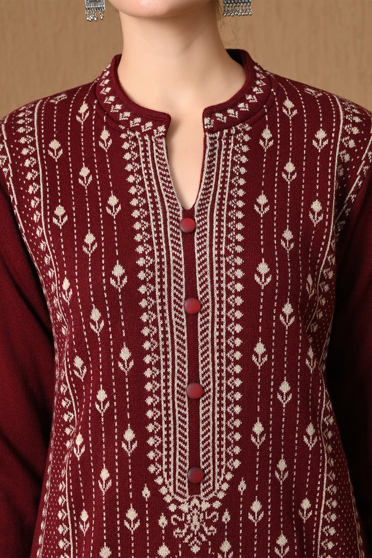 Winter Maroon Jacquard Knitted Kurta 3 Pcs Set
