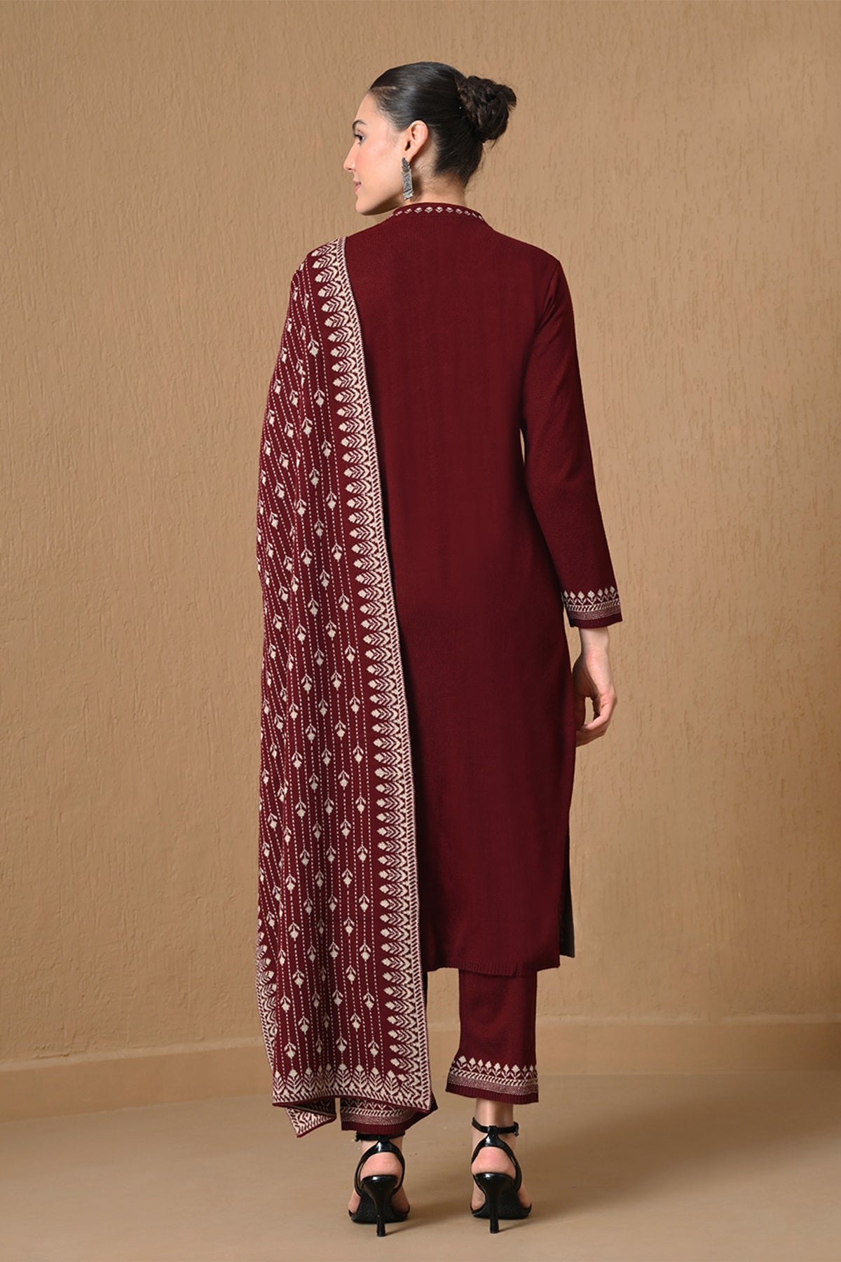Winter Maroon Jacquard Knitted Kurta 3 Pcs Set