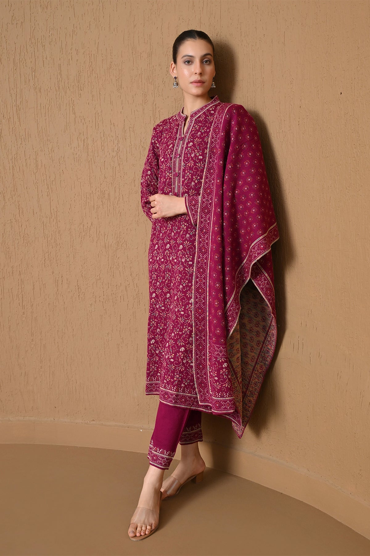 Winter Dark Pink Jacquard Knitted Kurta 3 Pcs Set