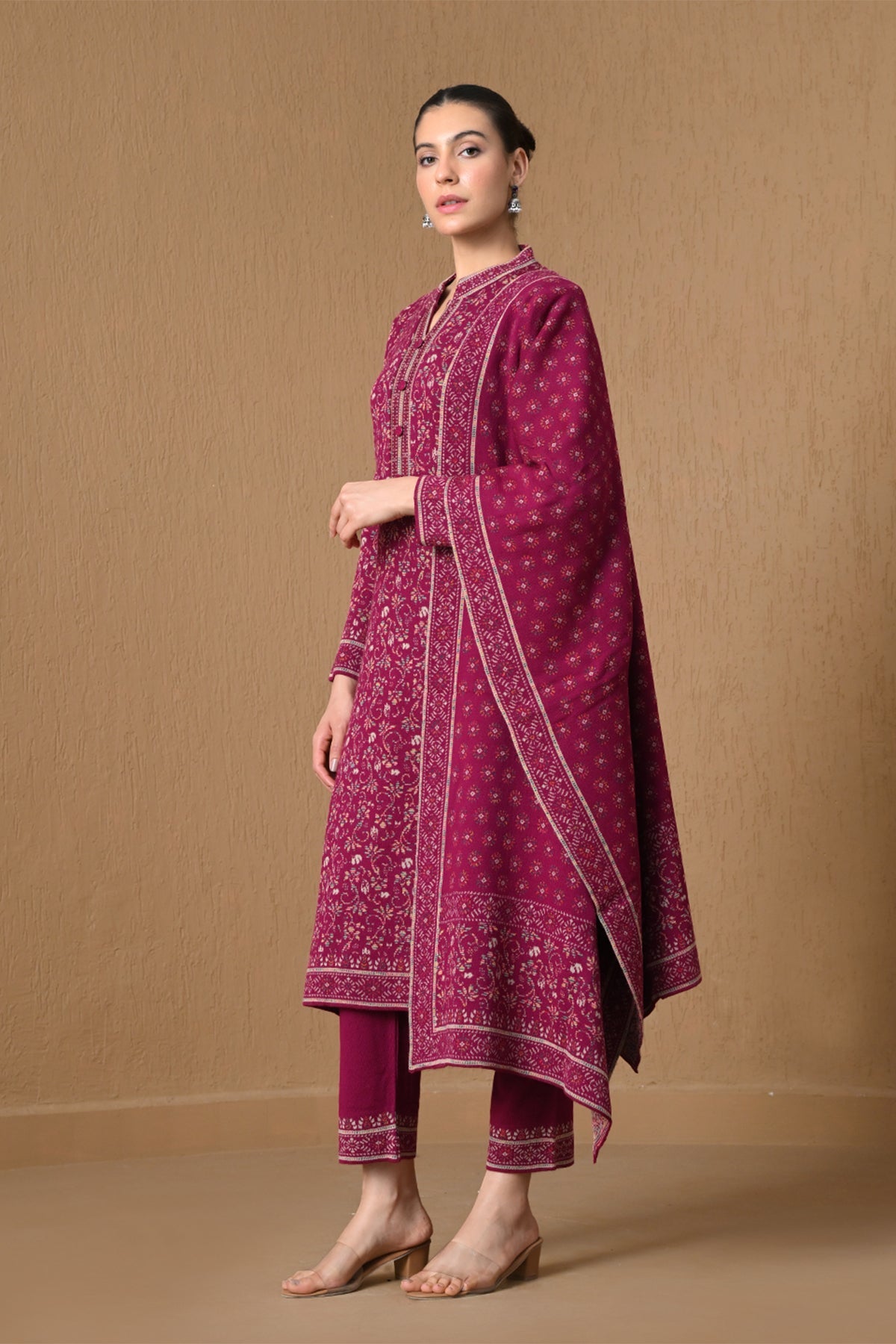 Winter Dark Pink Jacquard Knitted Kurta 3 Pcs Set