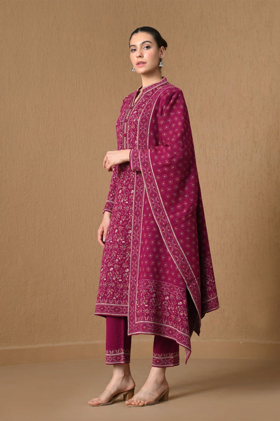 Winter Dark Pink Jacquard Knitted Kurta 3 Pcs Set