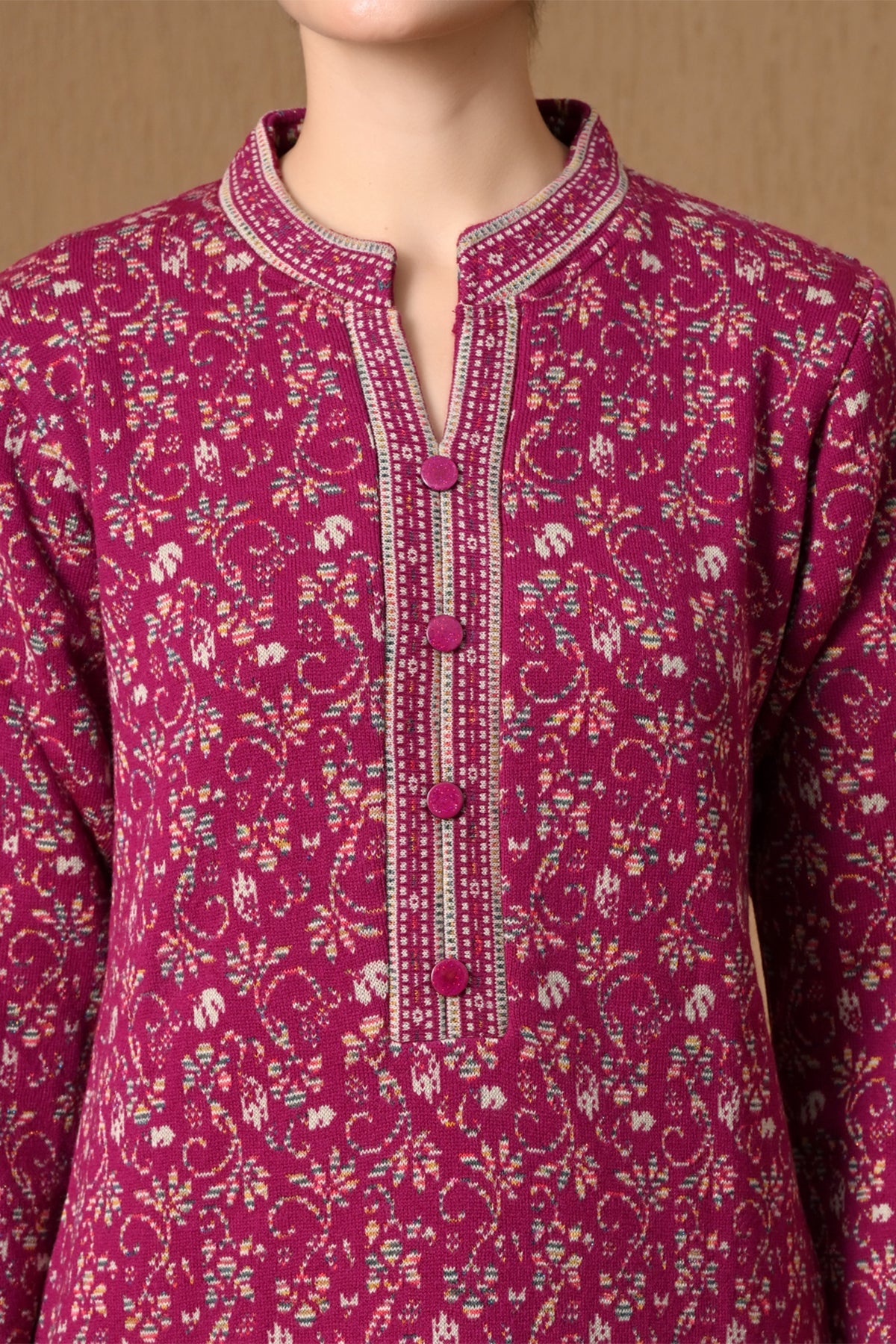 Winter Dark Pink Jacquard Knitted Kurta 3 Pcs Set