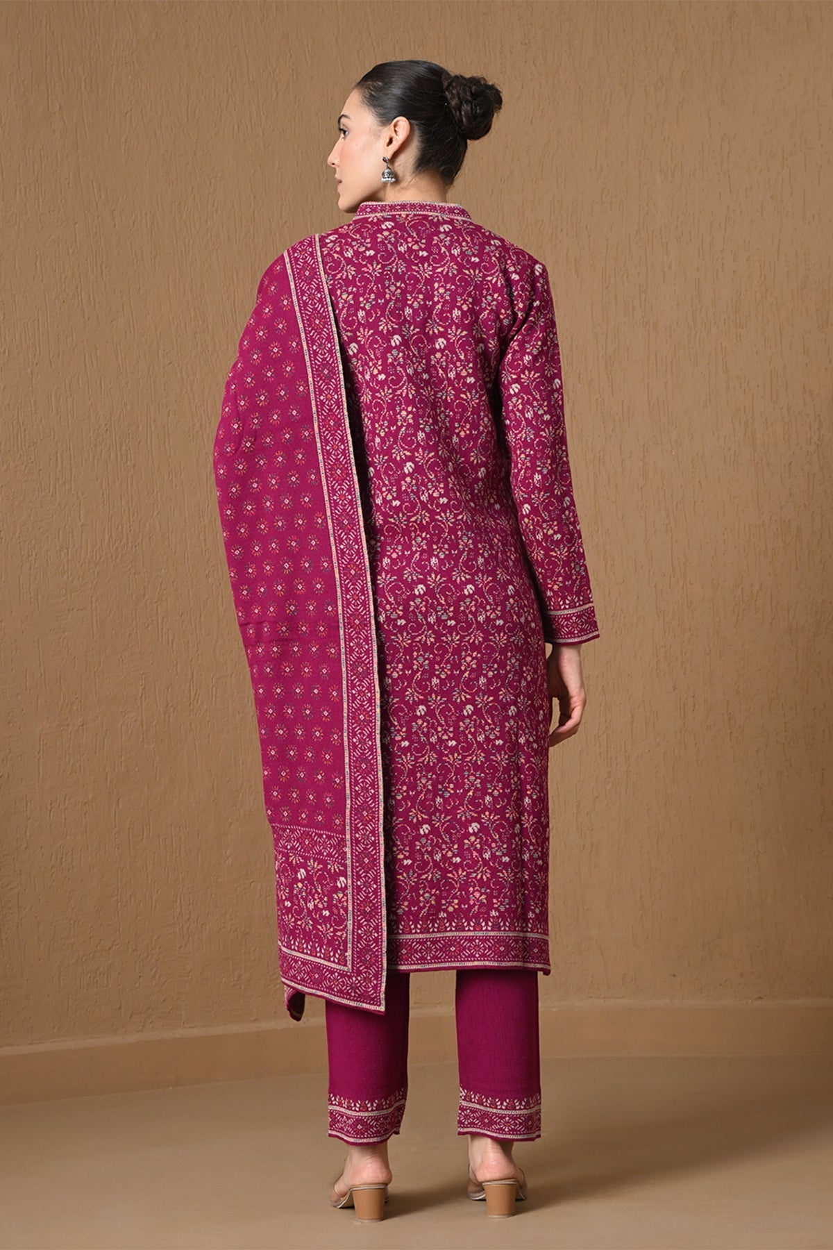 Winter Dark Pink Jacquard Knitted Kurta 3 Pcs Set