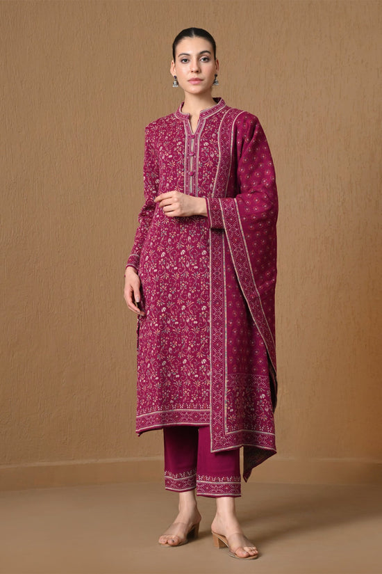Winter Dark Pink Jacquard Knitted Kurta 3 Pcs Set