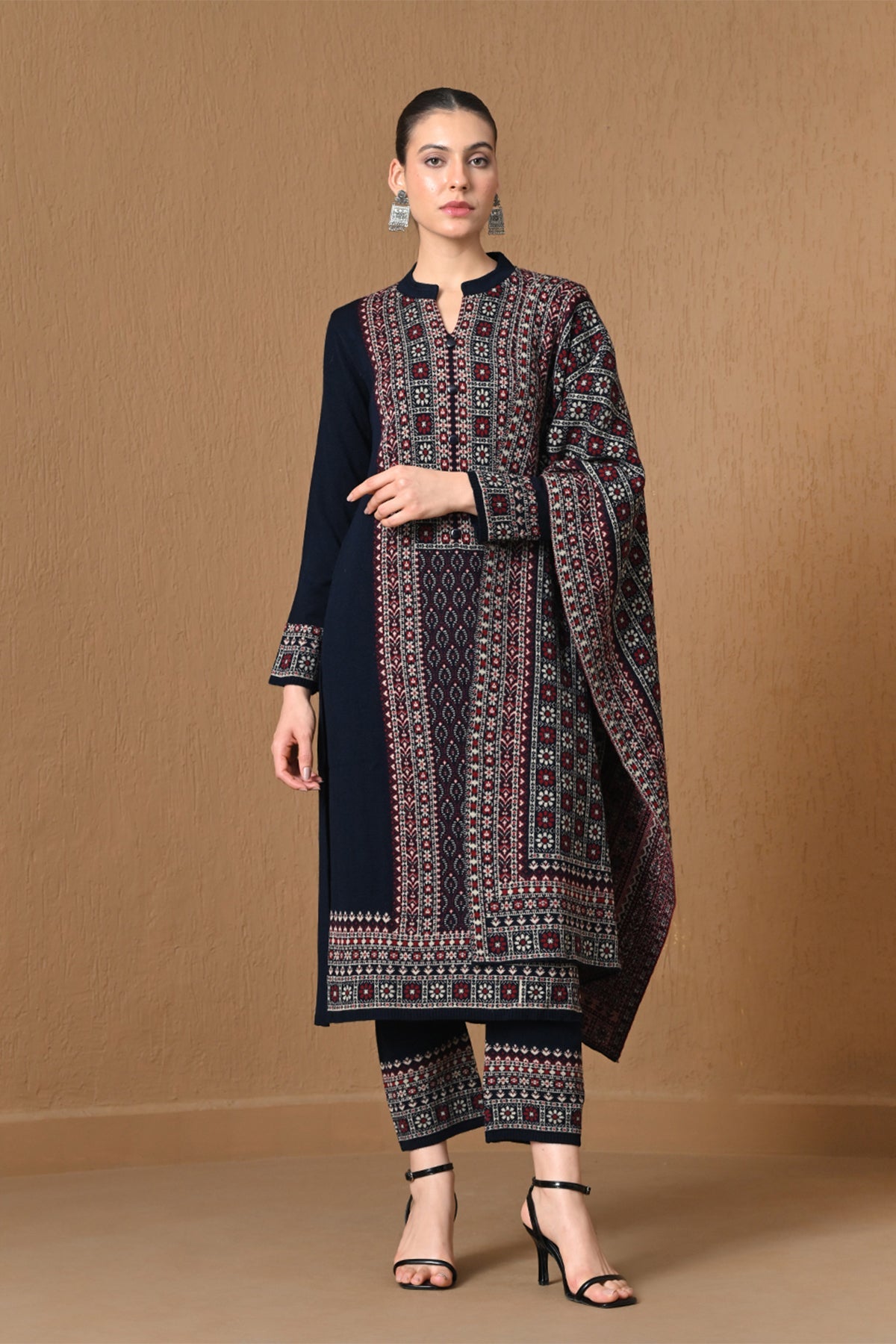 Winter Royal Blue Jacquard Knitted Kurta 3 Pcs Set