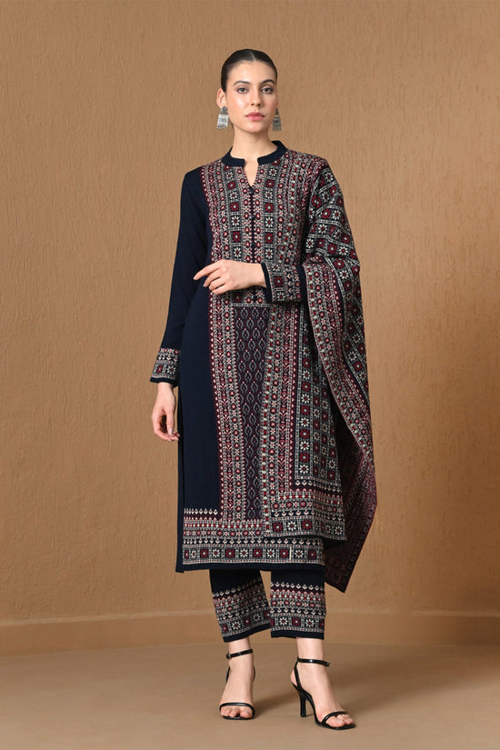 Winter Royal Blue Jacquard Knitted Kurta 3 Pcs Set