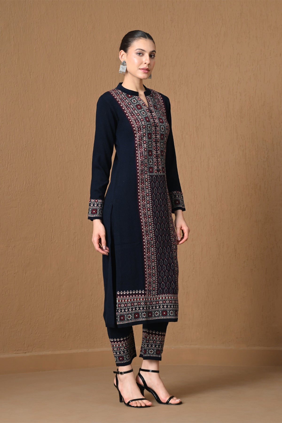 Winter Royal Blue Jacquard Knitted Kurta 3 Pcs Set