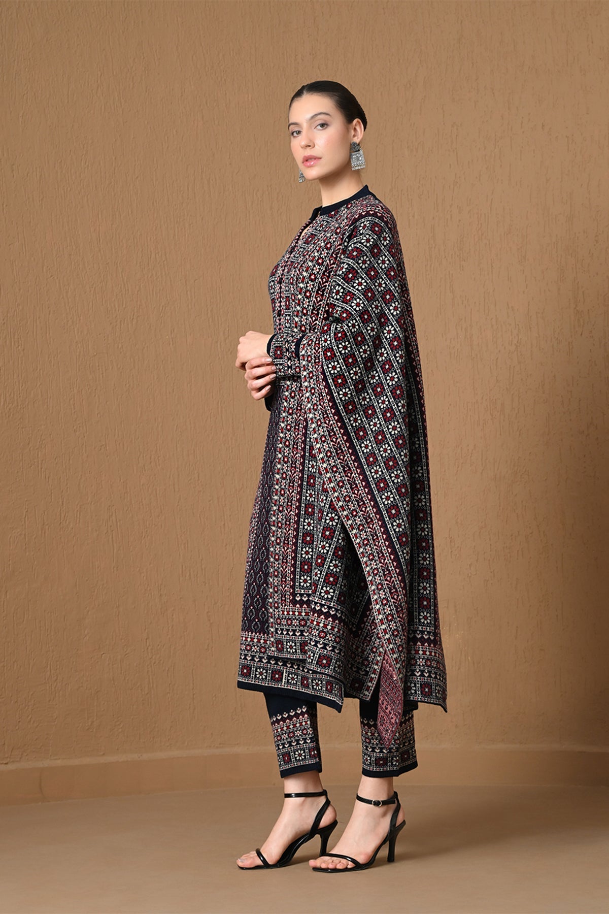 Winter Royal Blue Jacquard Knitted Kurta 3 Pcs Set