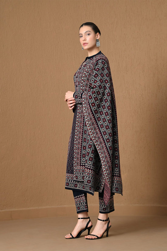 Winter Royal Blue Jacquard Knitted Kurta 3 Pcs Set