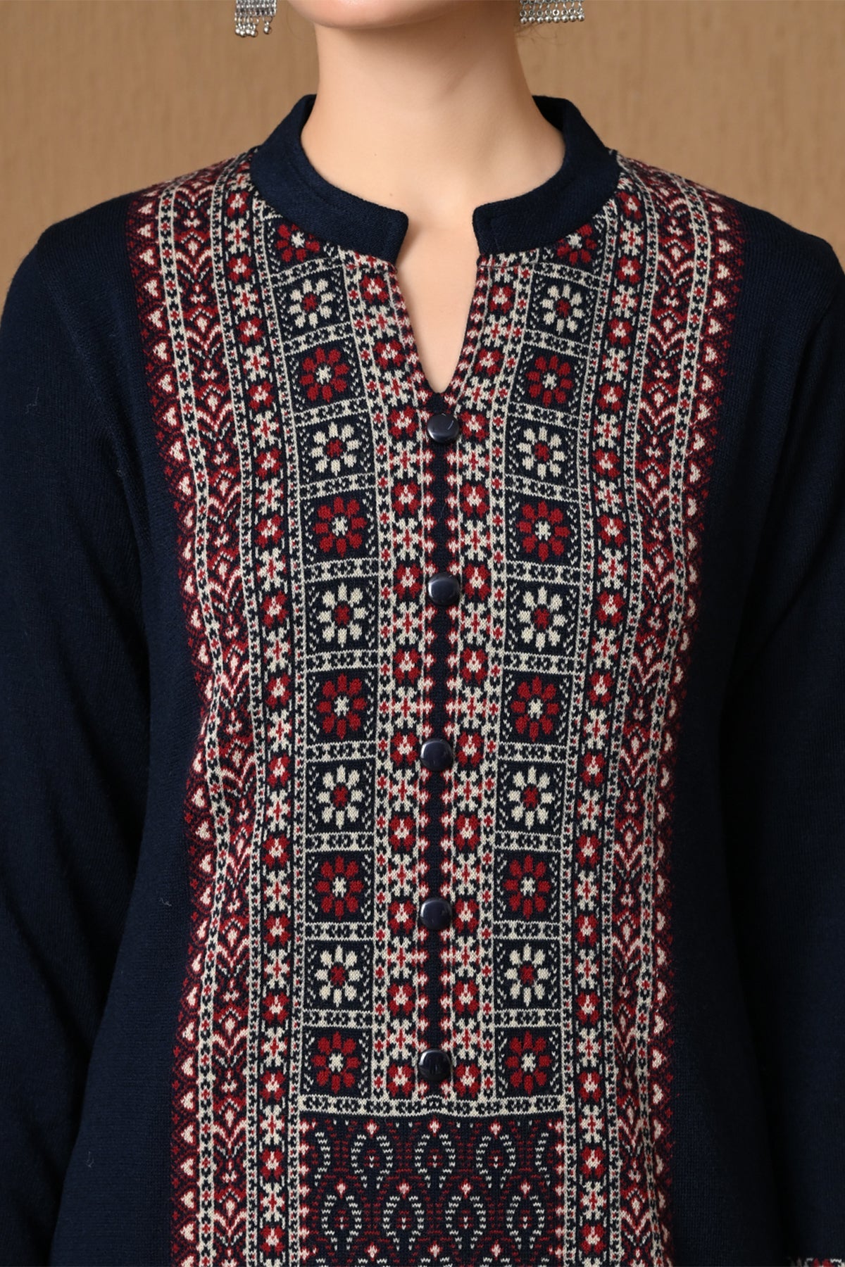 Winter Royal Blue Jacquard Knitted Kurta 3 Pcs Set