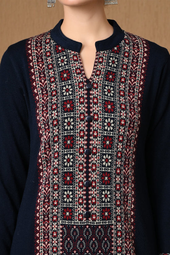 Winter Royal Blue Jacquard Knitted Kurta 3 Pcs Set