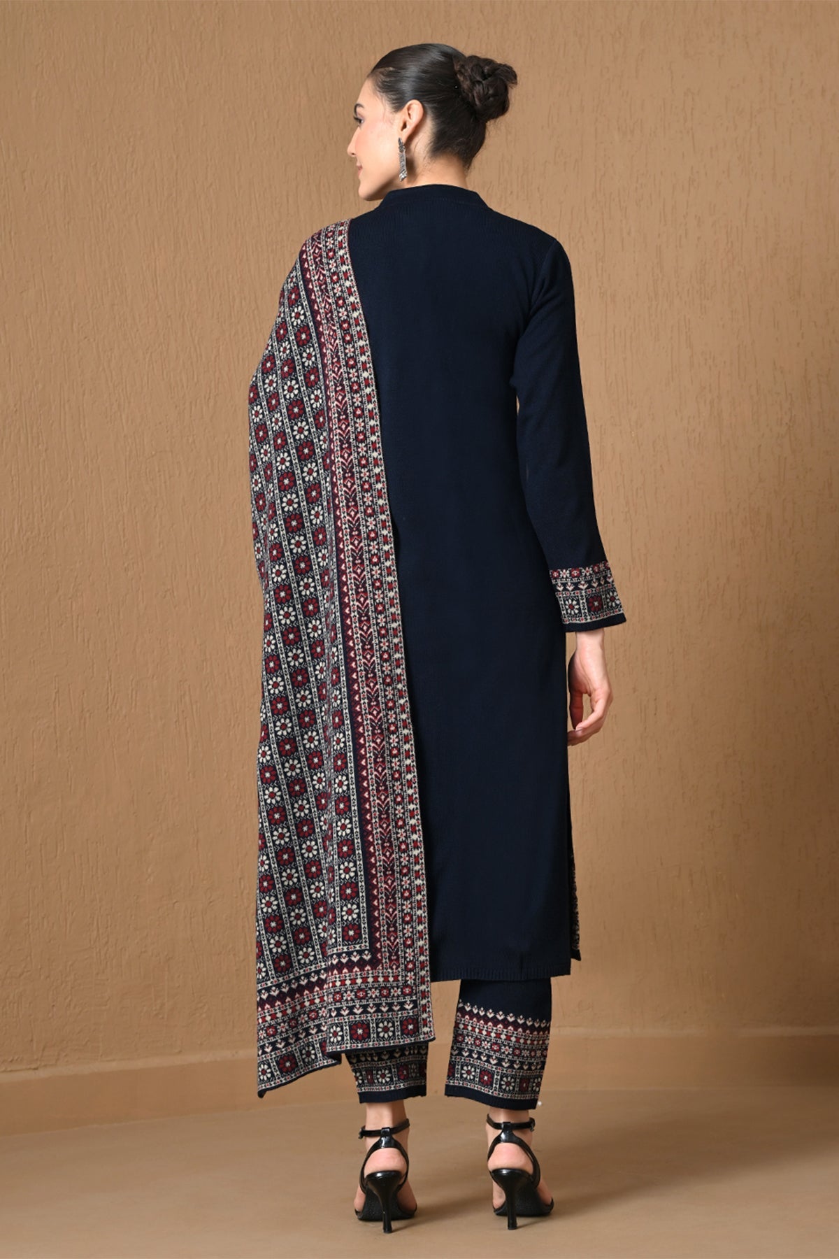 Winter Royal Blue Jacquard Knitted Kurta 3 Pcs Set