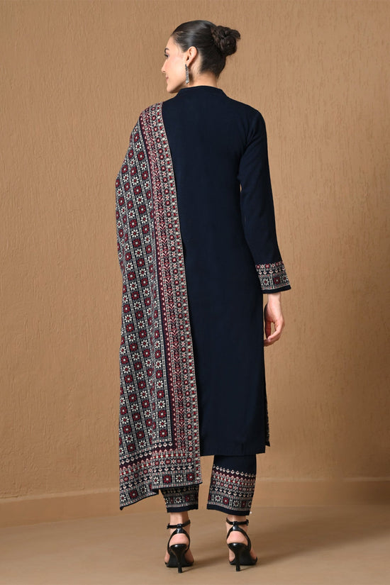 Winter Royal Blue Jacquard Knitted Kurta 3 Pcs Set