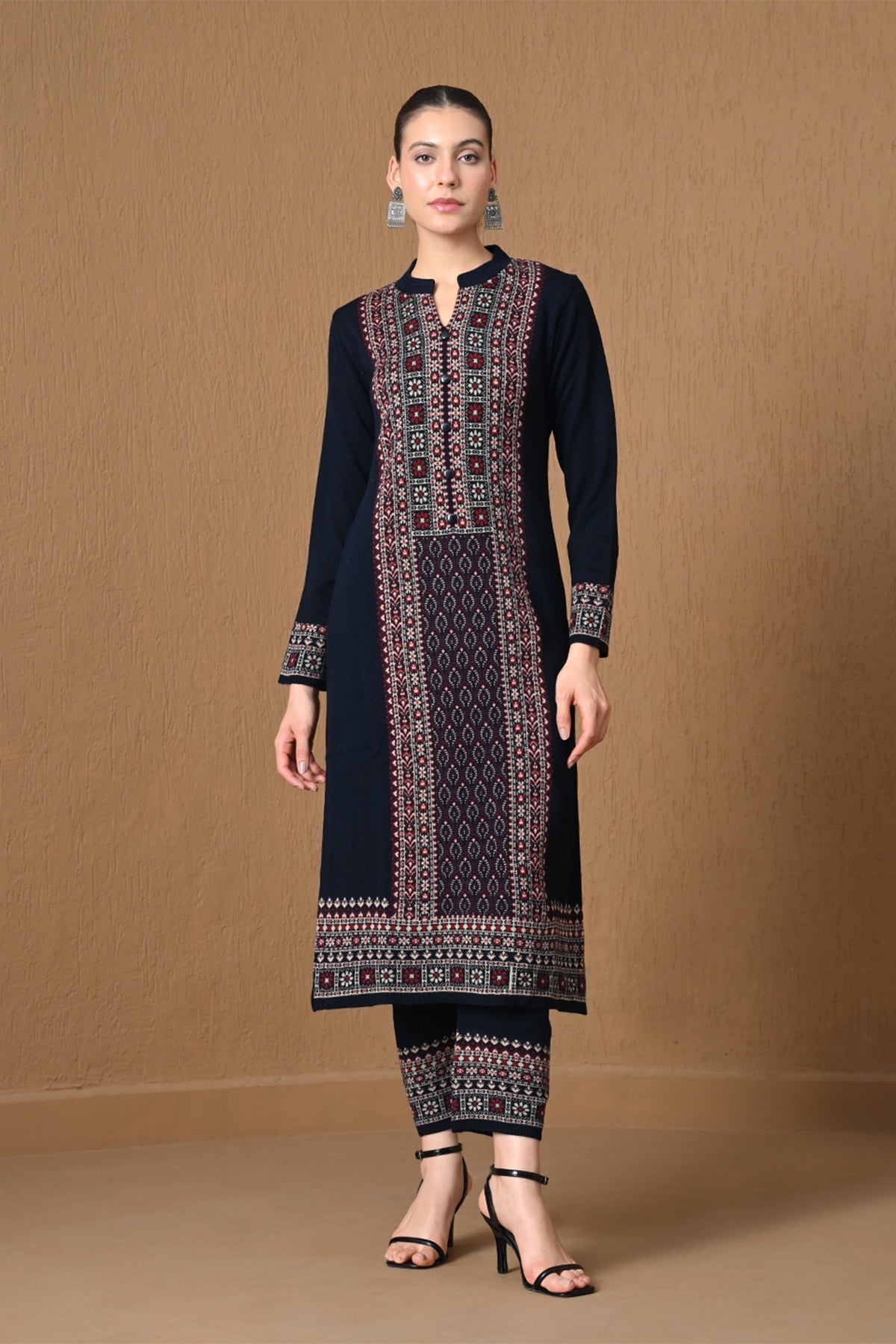 Winter Royal Blue Jacquard Knitted Kurta 3 Pcs Set