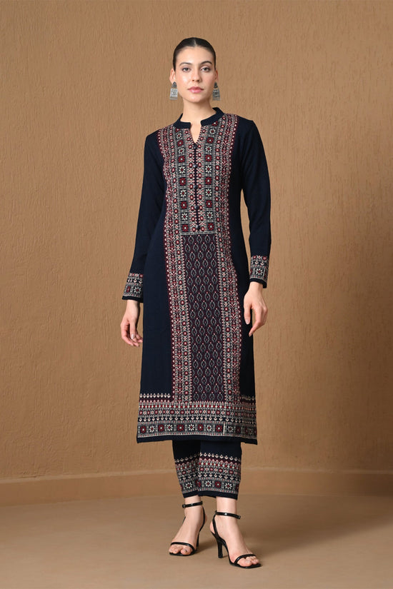 Winter Royal Blue Jacquard Knitted Kurta 3 Pcs Set