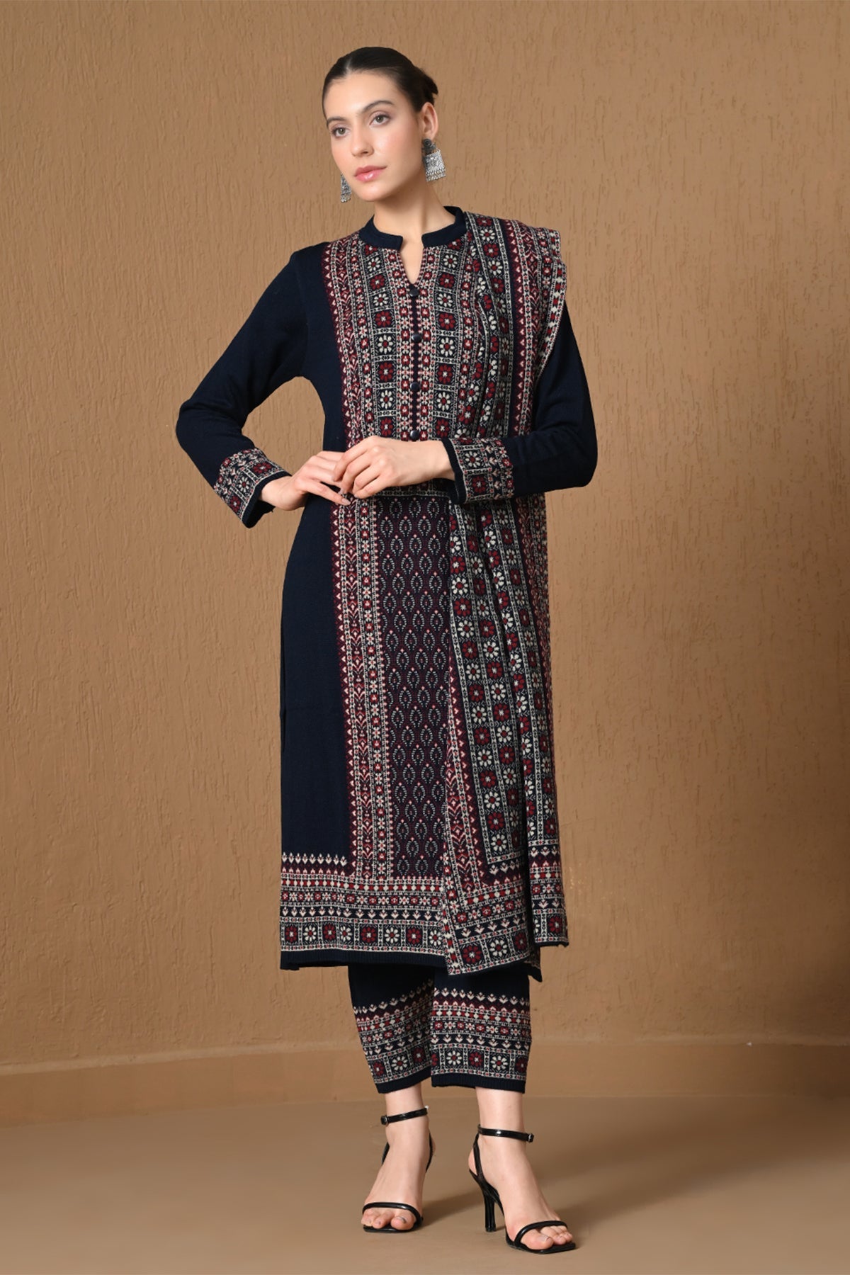 Winter Royal Blue Jacquard Knitted Kurta 3 Pcs Set