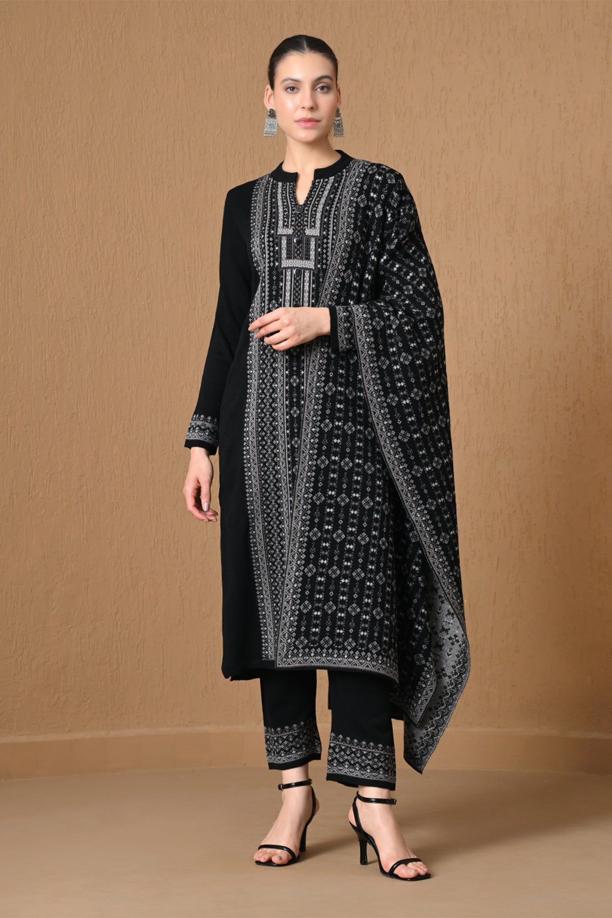 Winter Black Jacquard Knitted Kurta 3 Pcs Set