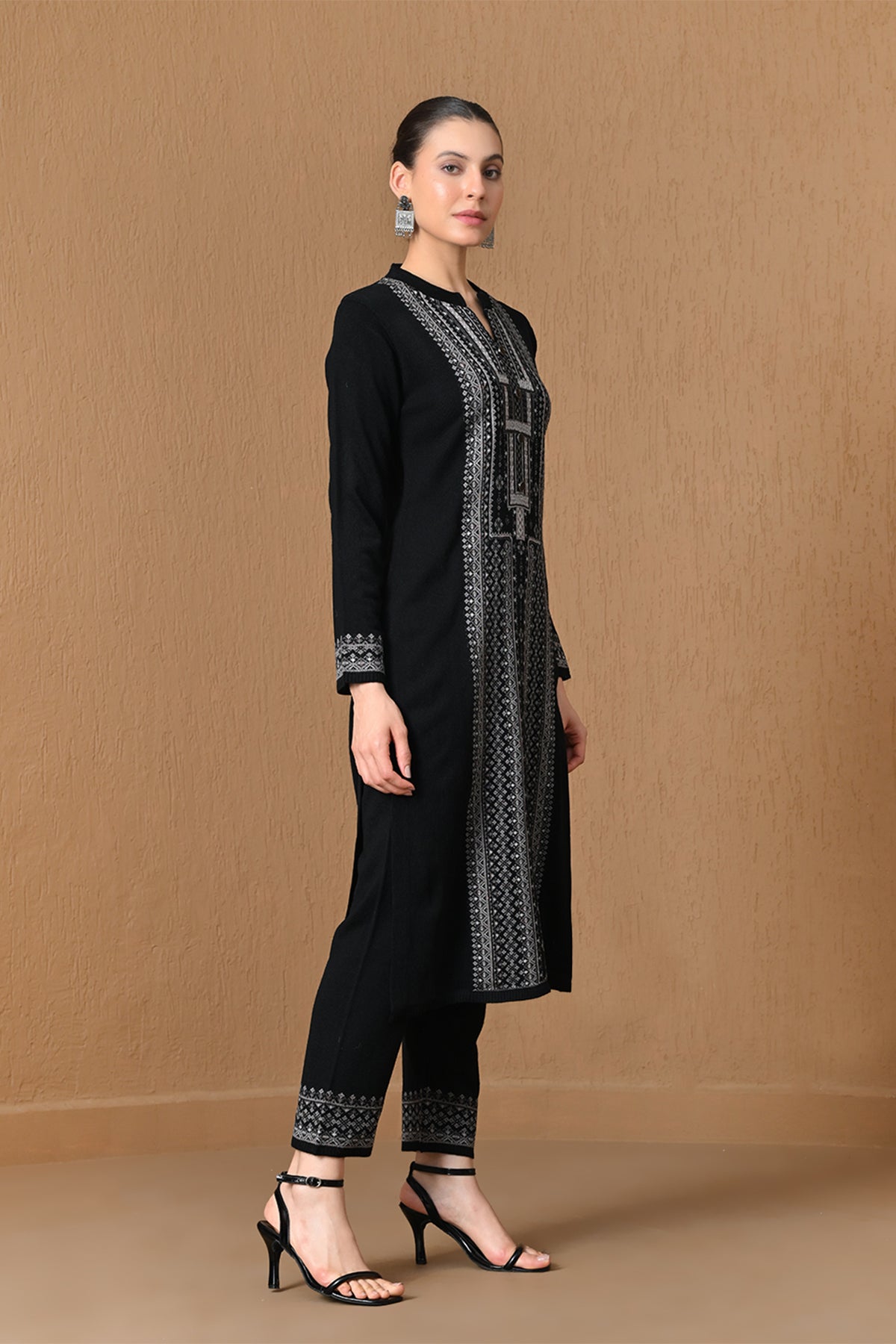 Winter Black Jacquard Knitted Kurta 3 Pcs Set