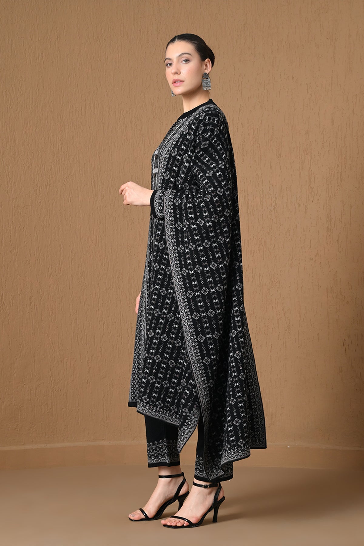 Winter Black Jacquard Knitted Kurta 3 Pcs Set