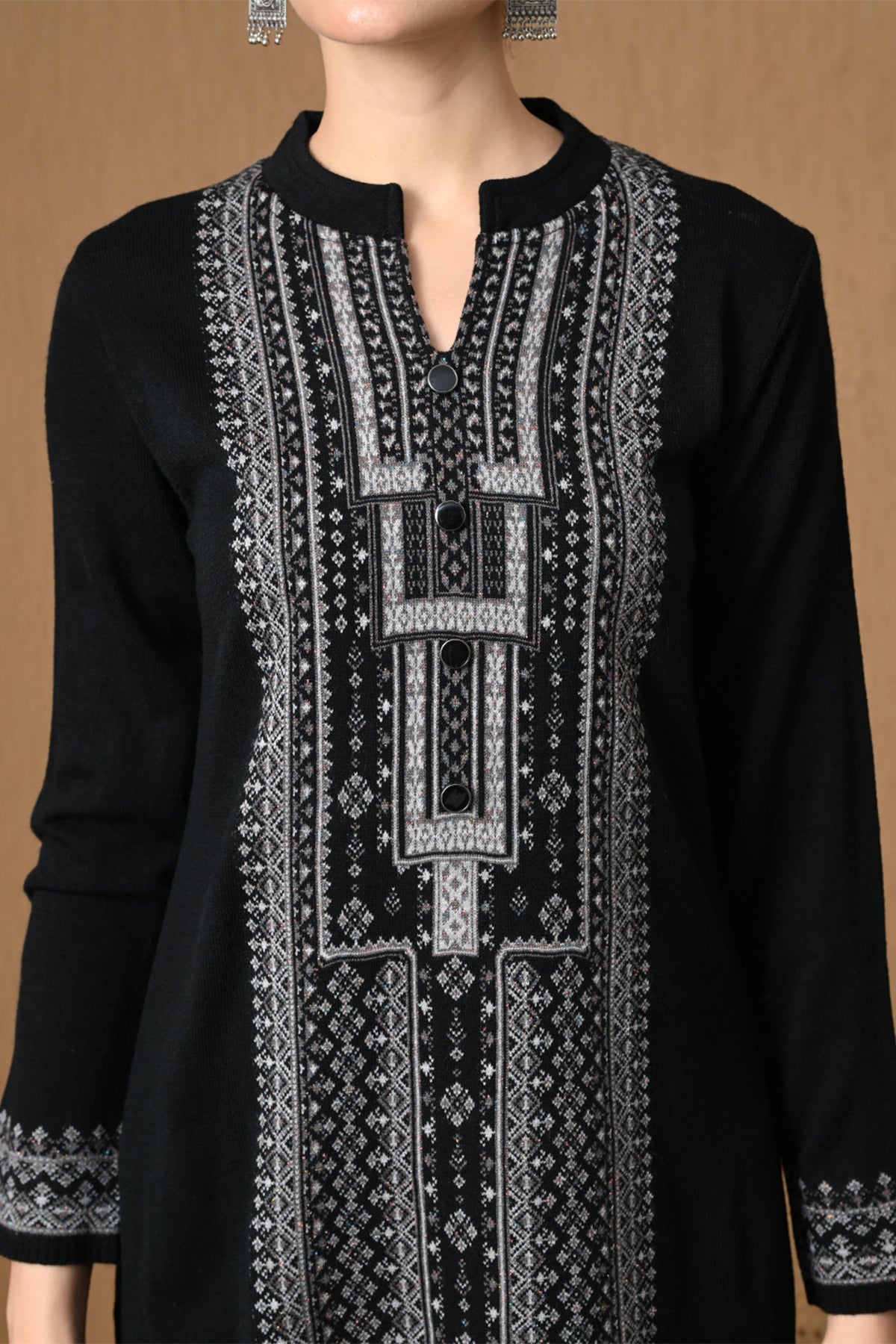 Winter Black Jacquard Knitted Kurta 3 Pcs Set