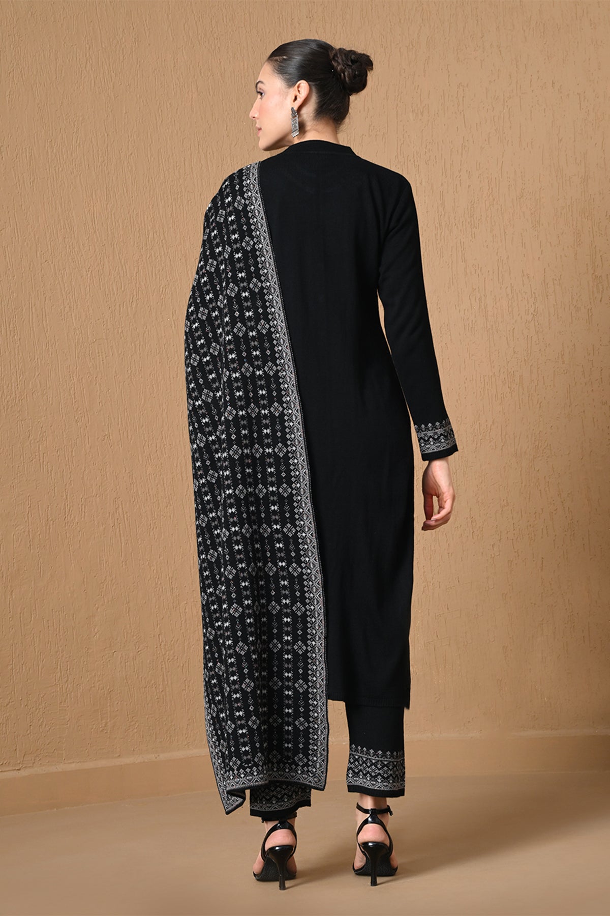 Winter Black Jacquard Knitted Kurta 3 Pcs Set