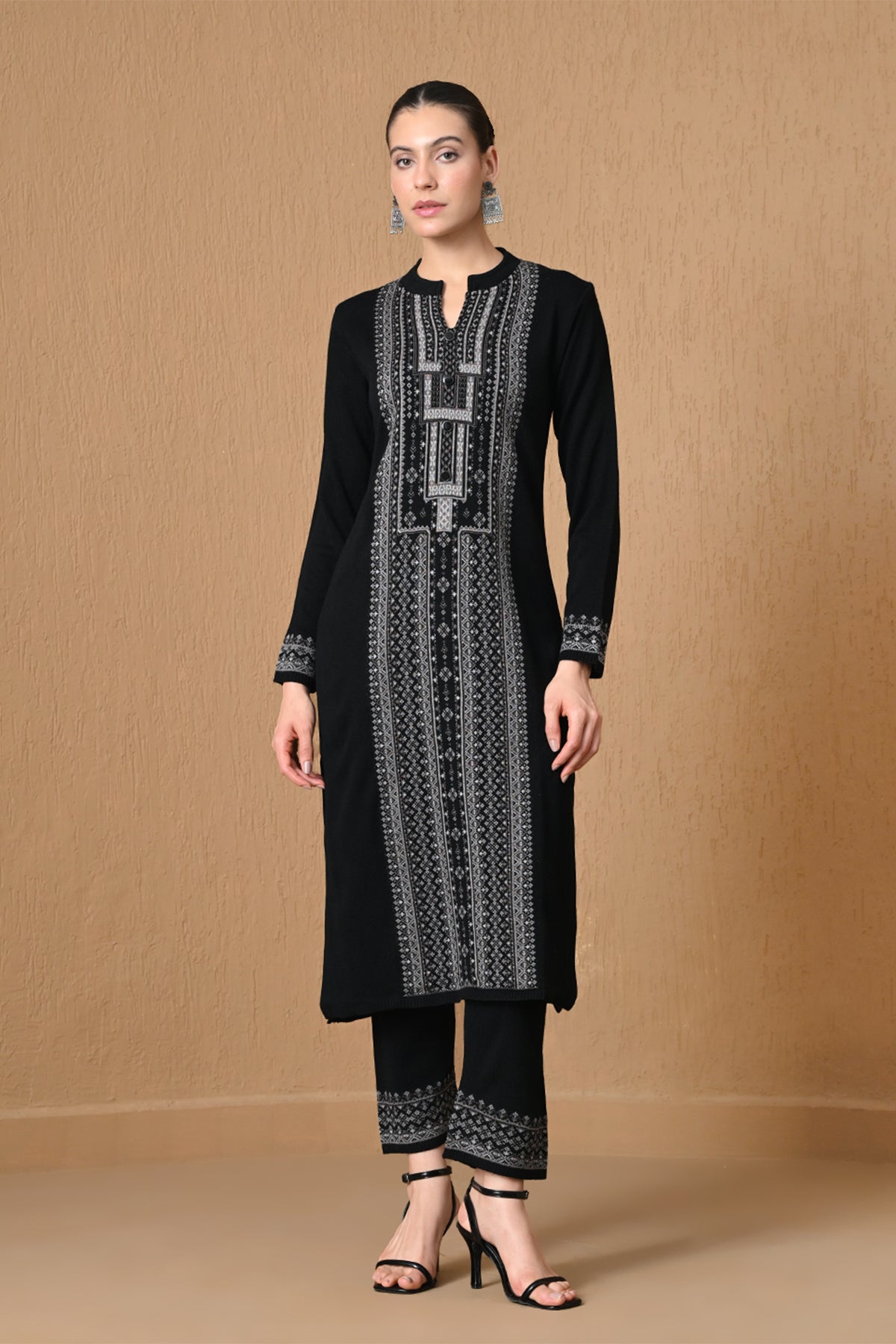 Winter Black Jacquard Knitted Kurta 3 Pcs Set